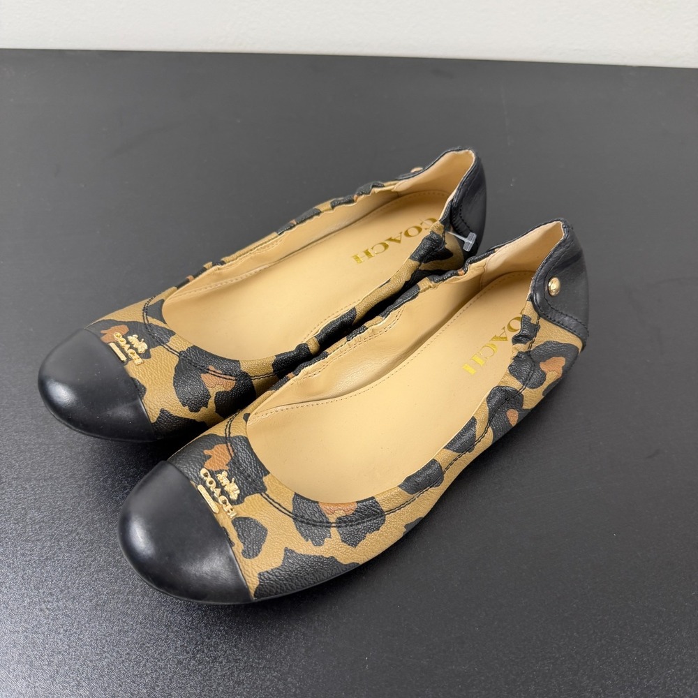 Coach Camilla Ballet Flats Womens 7B Tan Black Leopard Print Leather Slip-On